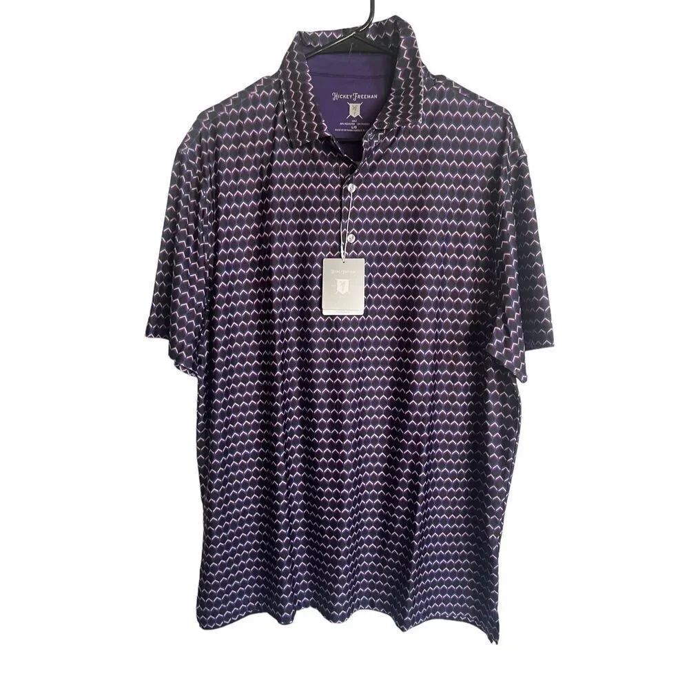 New Hickey Freeman Men Purple Blue Geometric Short Sleeve Golf Polo Size L/G